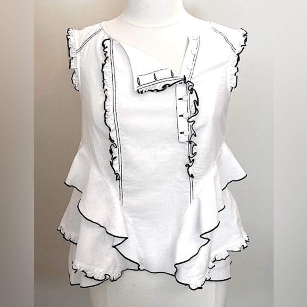 BCBGMAXAZRIA AHDREY White Black SZ S Chic Contemporary Modern Elegant Ruffle Top